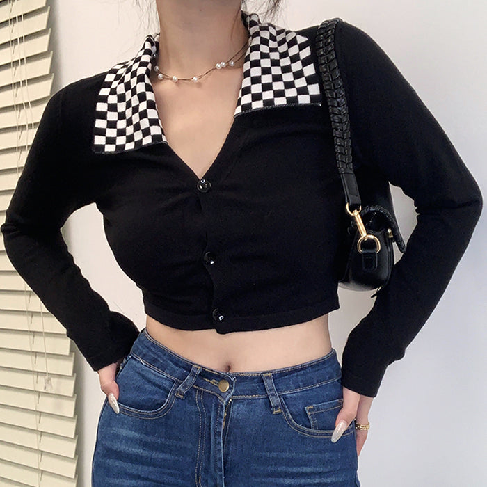 Black Checkerboard Collar Top