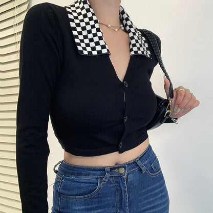 Black Checkerboard Collar Top