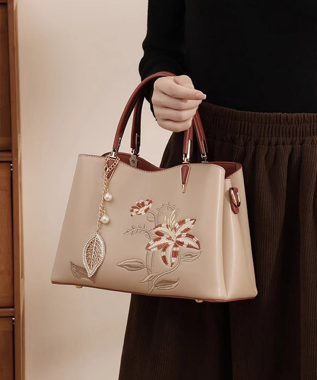 Chic Bag Apricot Calf Leather Embroidery Tote