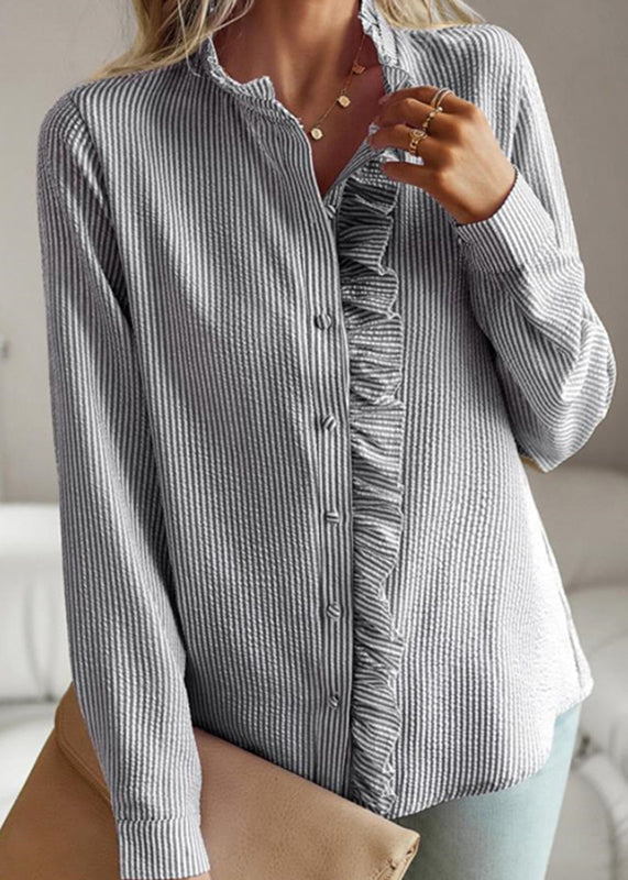 Sleeve Collar Ruffled Chic Shirts Black Stand Lantern