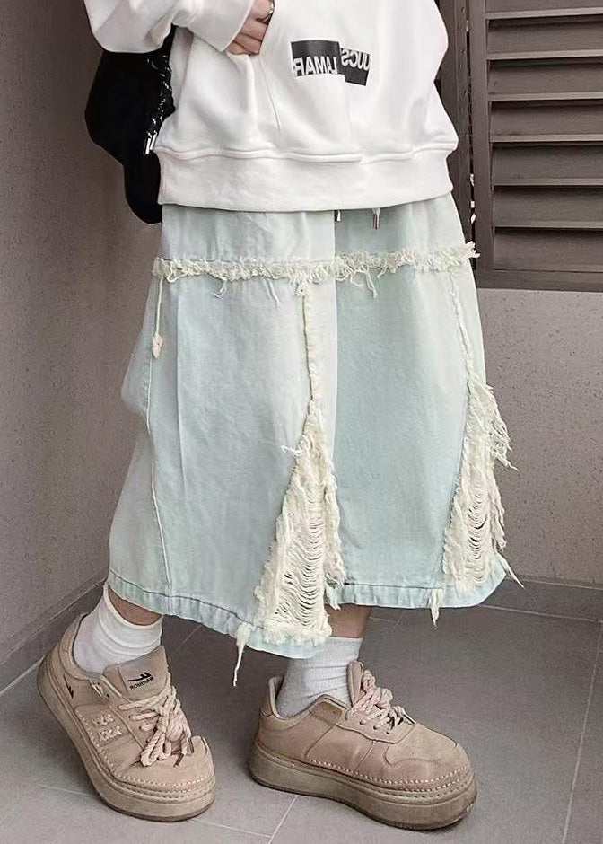 Denim Shorts Chic Men Waist Elastic Hole Summer Blue