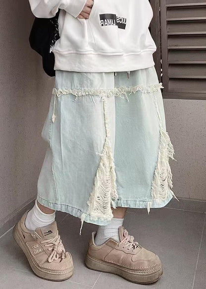 Denim Shorts Chic Men Waist Elastic Hole Summer Blue