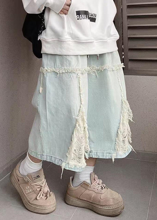 Denim Shorts Chic Men Waist Elastic Hole Summer Blue