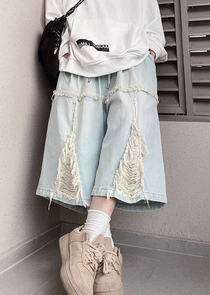 Denim Shorts Chic Men Waist Elastic Hole Summer Blue