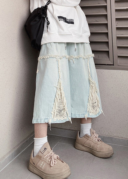 Denim Shorts Chic Men Waist Elastic Hole Summer Blue