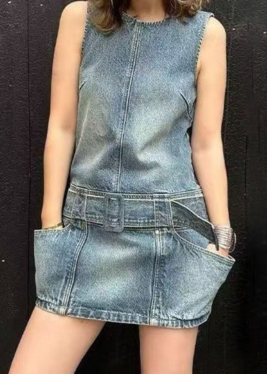 Sashes Chic Denim Mid Sleeveless Dress Blue Patchwork O-Neck