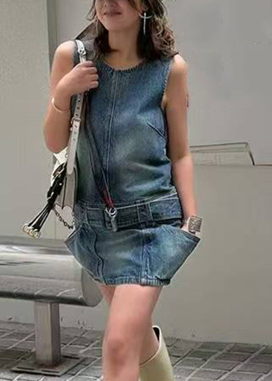 Sashes Chic Denim Mid Sleeveless Dress Blue Patchwork O-Neck