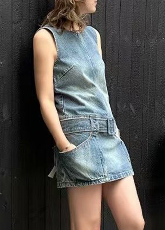 Sashes Chic Denim Mid Sleeveless Dress Blue Patchwork O-Neck