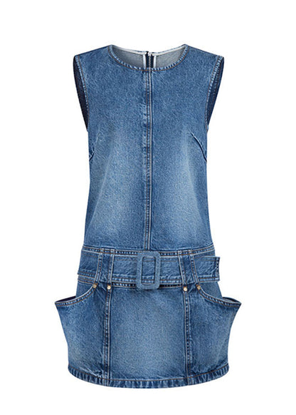 Sashes Chic Denim Mid Sleeveless Dress Blue Patchwork O-Neck