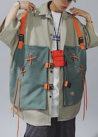 Patchwork Shirts Chic Up Half Sleeve T Men Khaki Cotton Lace