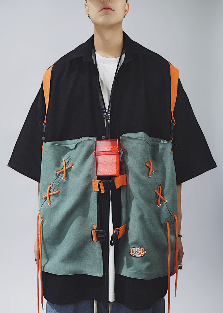 Patchwork Shirts Chic Up Half Sleeve T Men Khaki Cotton Lace