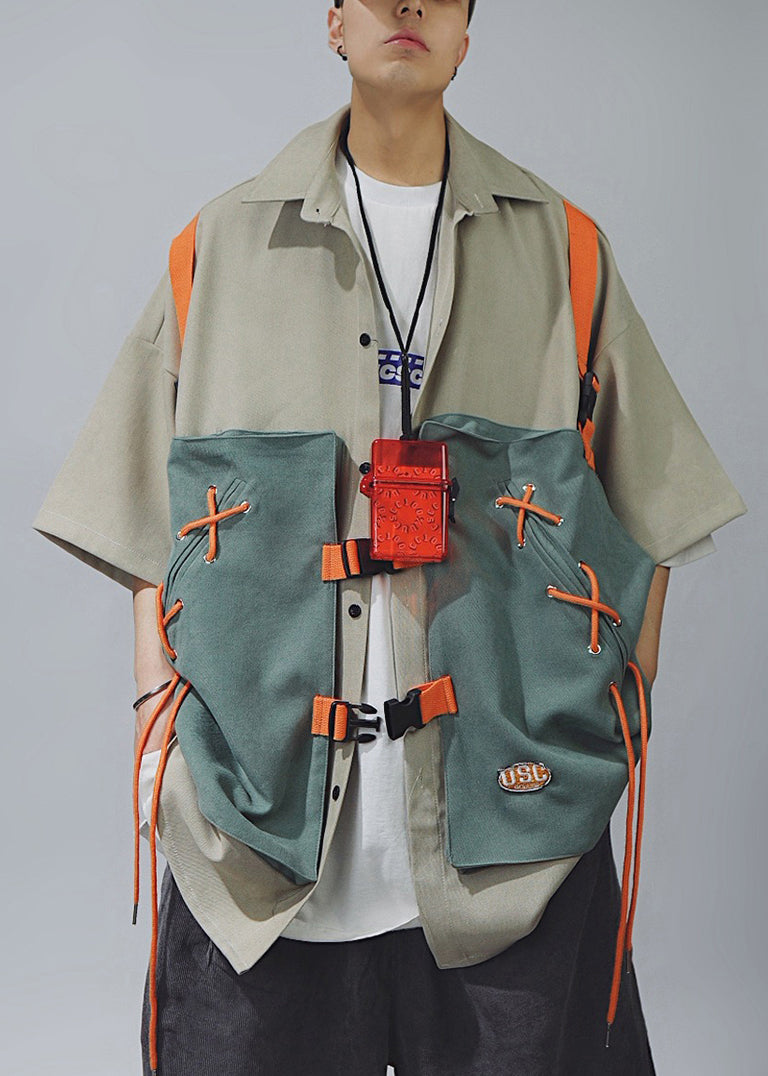 Patchwork Shirts Chic Up Half Sleeve T Men Khaki Cotton Lace