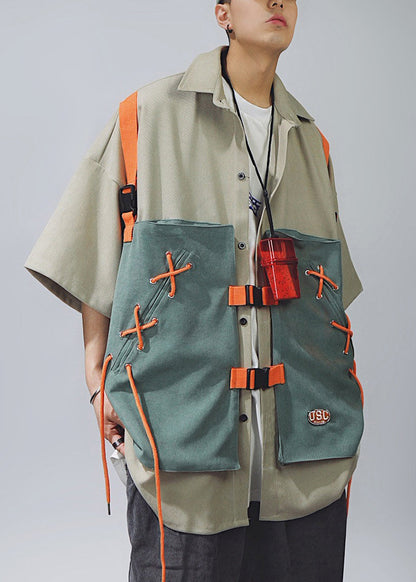 Patchwork Shirts Chic Up Half Sleeve T Men Khaki Cotton Lace