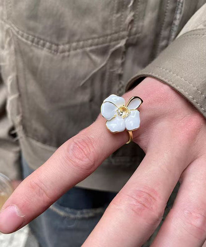 Overgild Rings Open Copper Zircon White Floral Chic