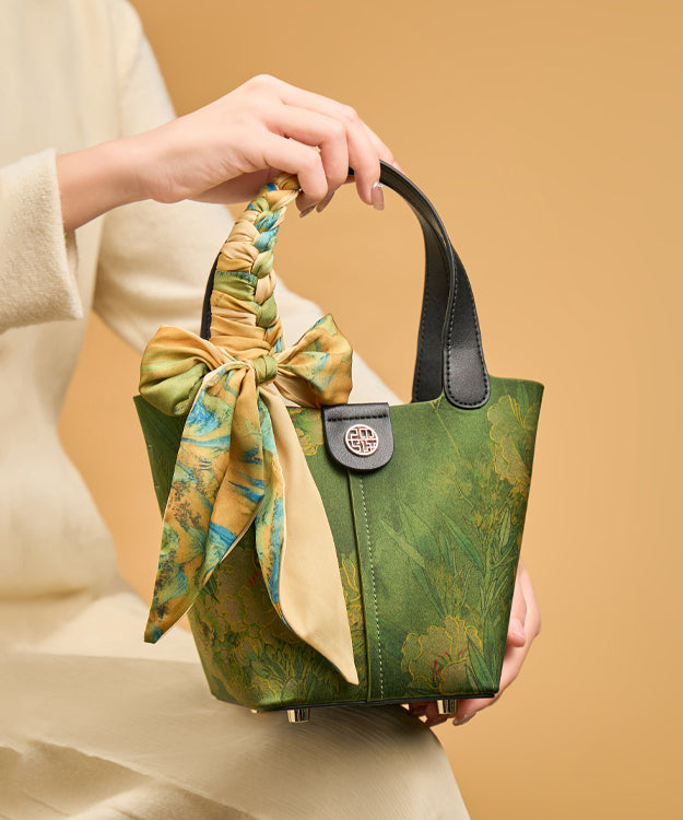 Silk Print Style Handbag Tote Versatile Green Chinese