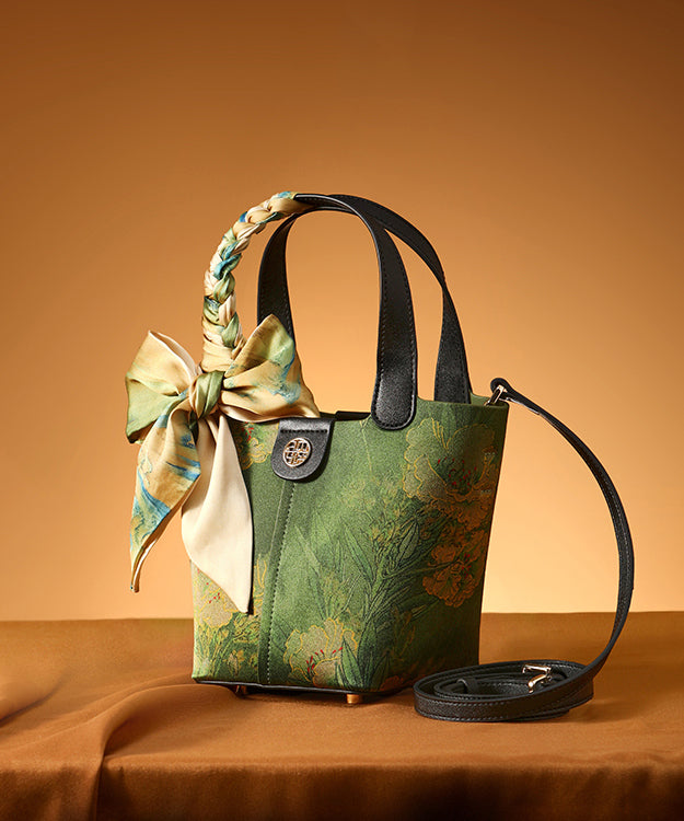 Silk Print Style Handbag Tote Versatile Green Chinese