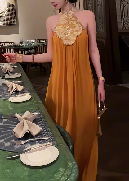 Stand Summer Yellow Chinese Long Collar Style Dress Patchwork