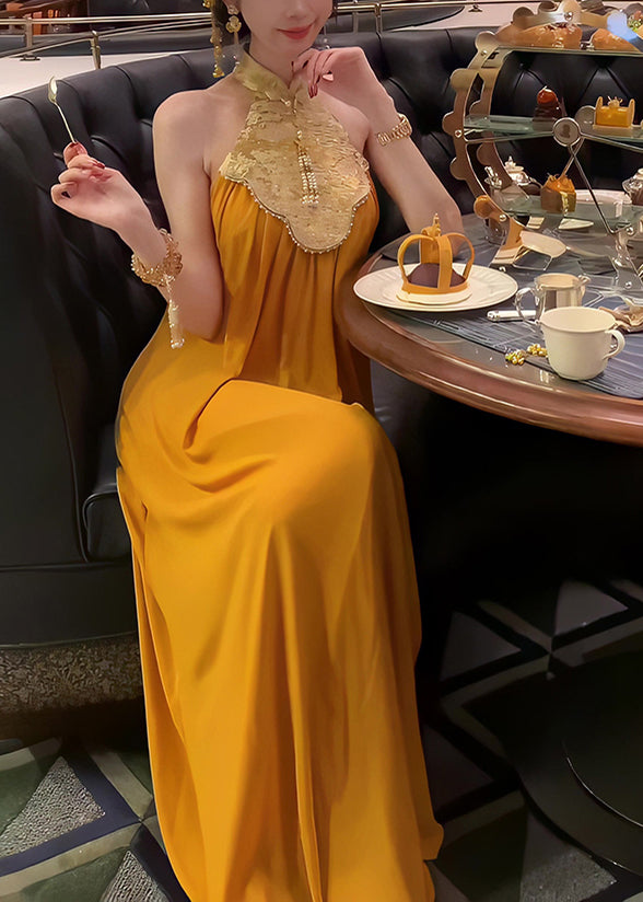 Stand Summer Yellow Chinese Long Collar Style Dress Patchwork