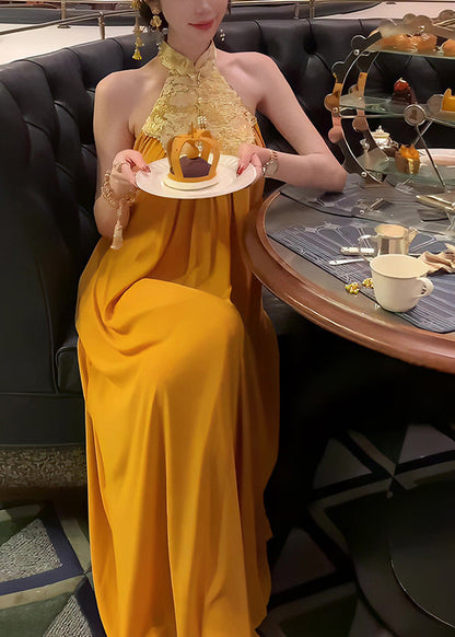 Stand Summer Yellow Chinese Long Collar Style Dress Patchwork