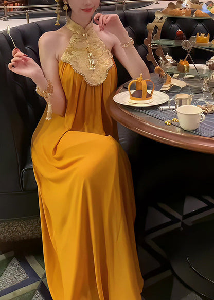 Stand Summer Yellow Chinese Long Collar Style Dress Patchwork