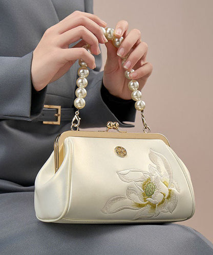 Pearl Chinese Handbag Crossbody Cowhide Embroidered White
