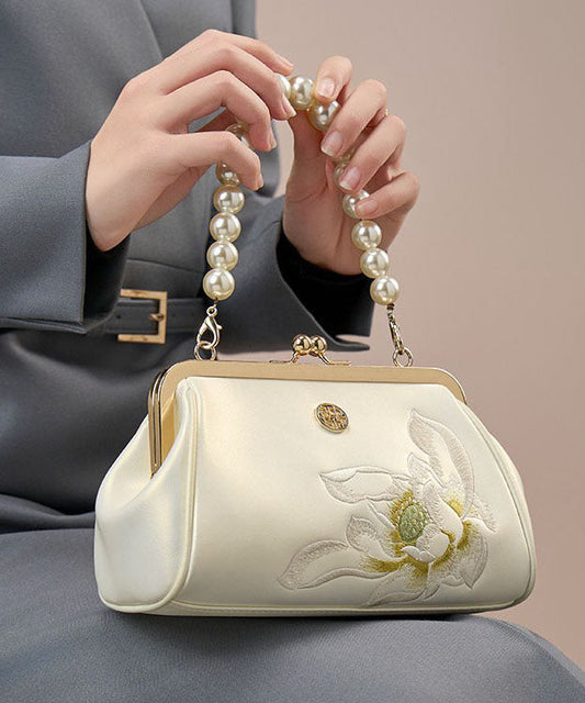 Pearl Chinese Handbag Crossbody Cowhide Embroidered White