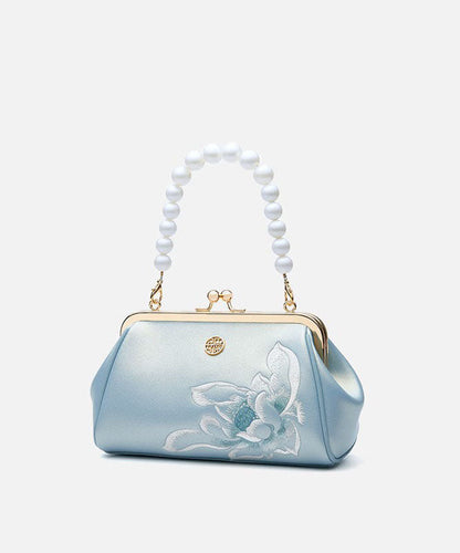 Pearl Chinese Handbag Crossbody Cowhide Embroidered White