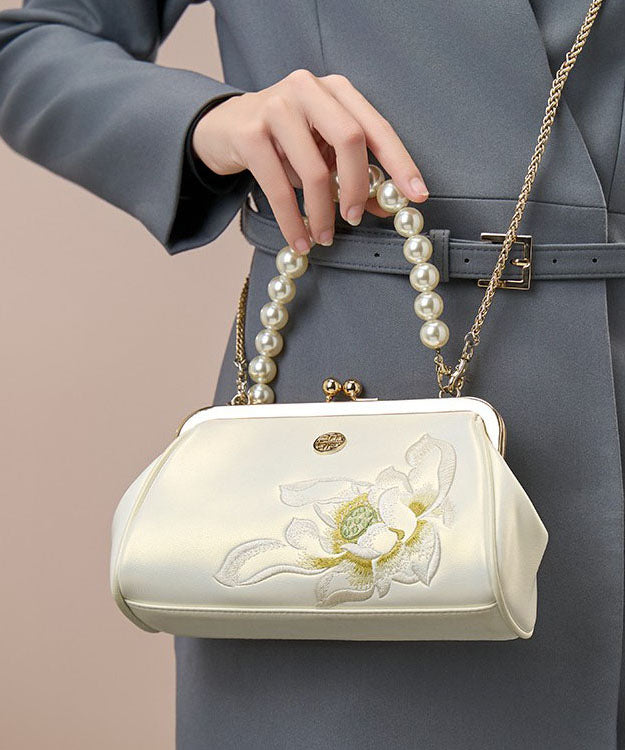 Pearl Chinese Handbag Crossbody Cowhide Embroidered White