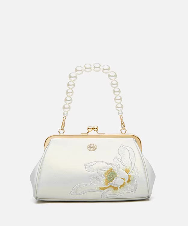 Pearl Chinese Handbag Crossbody Cowhide Embroidered White