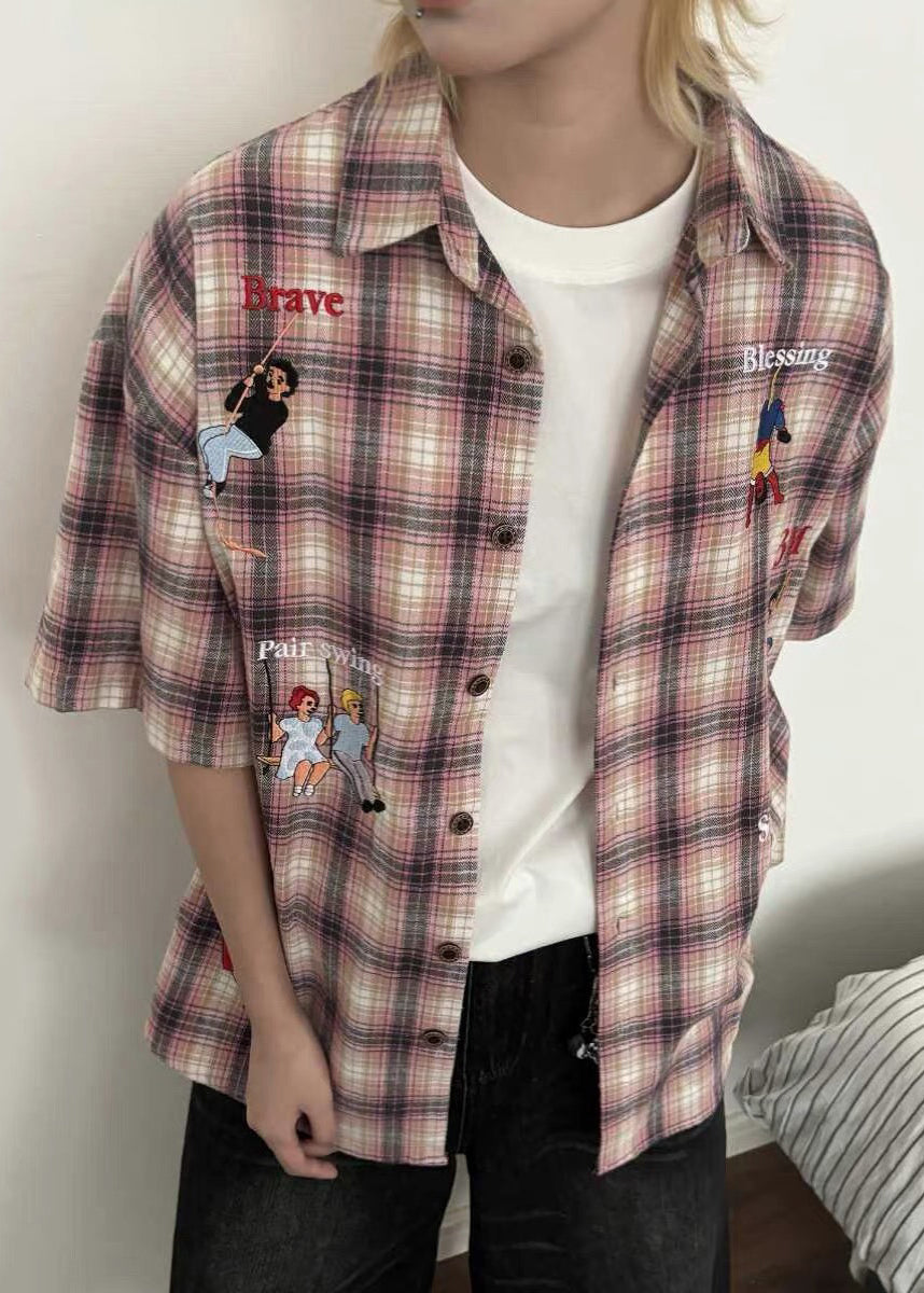 Men's Classy Half Shirts Cotton Sleeve Plaid Button Blue Print