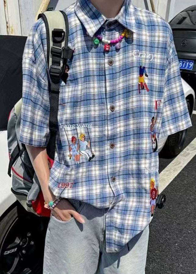 Men's Classy Half Shirts Cotton Sleeve Plaid Button Blue Print