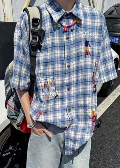 Men's Classy Half Shirts Cotton Sleeve Plaid Button Blue Print