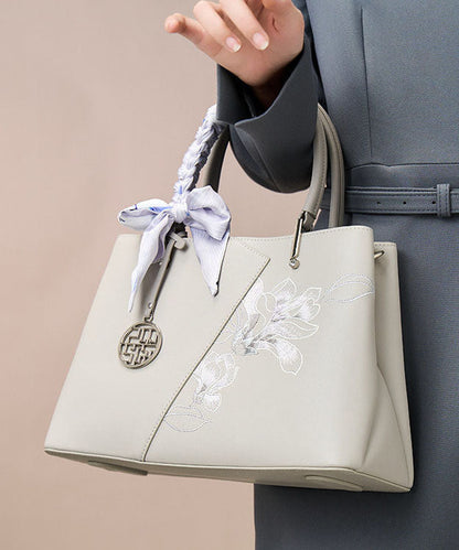 Embroidery Classy Bag Leather Calf Grey Tote