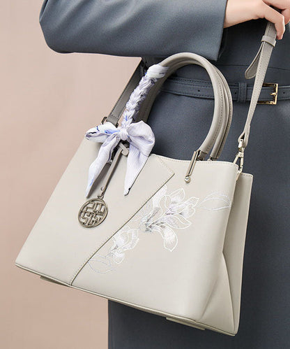 Embroidery Classy Bag Leather Calf Grey Tote