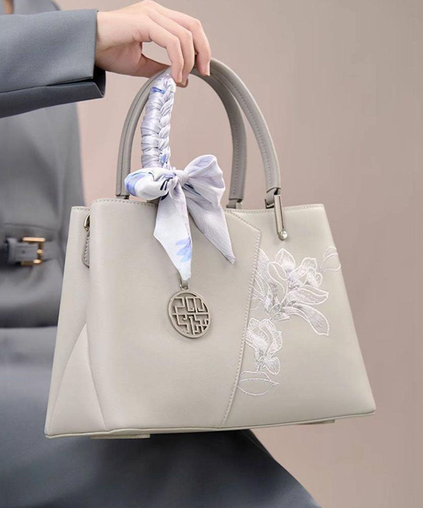 Embroidery Classy Bag Leather Calf Grey Tote