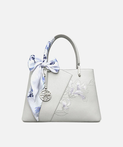 Embroidery Classy Bag Leather Calf Grey Tote