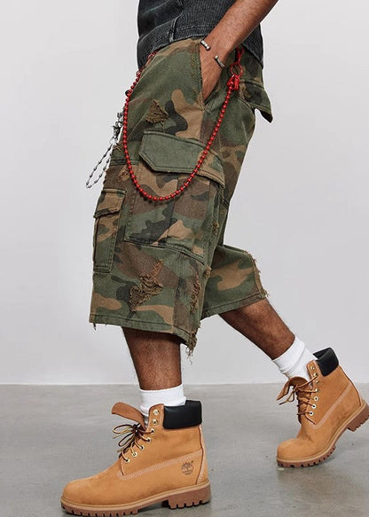 Camouflage Waist Pants Mens High Hole Cotton Pockets Summer Crop Cool