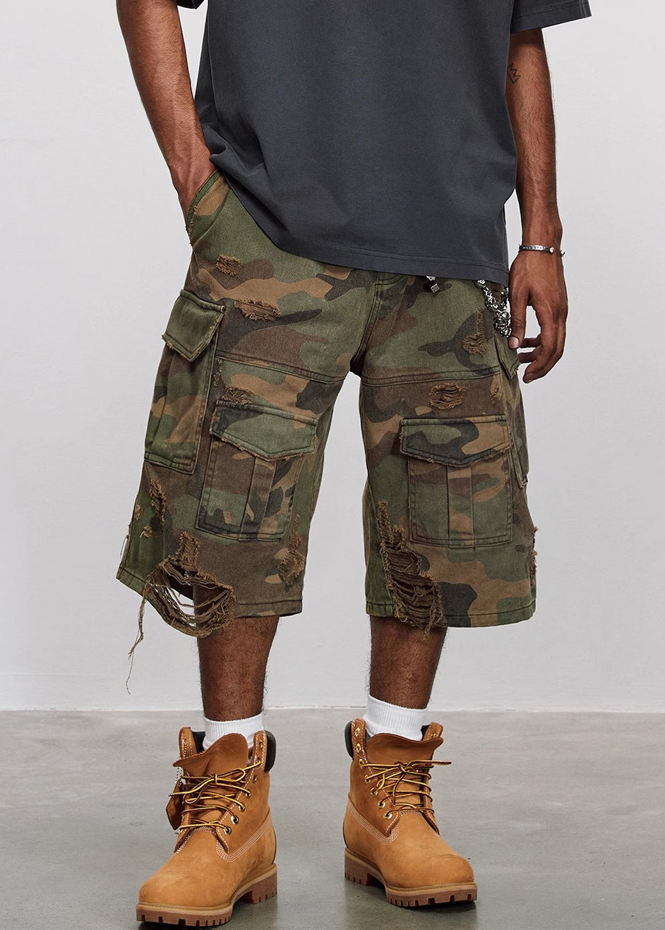 Camouflage Waist Pants Mens High Hole Cotton Pockets Summer Crop Cool