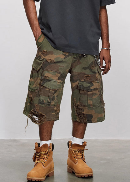 Camouflage Waist Pants Mens High Hole Cotton Pockets Summer Crop Cool