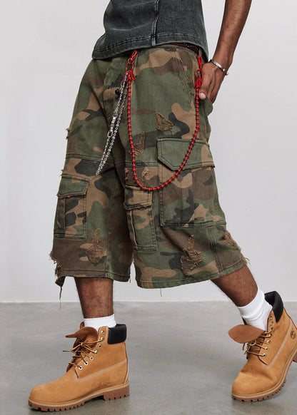 Camouflage Waist Pants Mens High Hole Cotton Pockets Summer Crop Cool