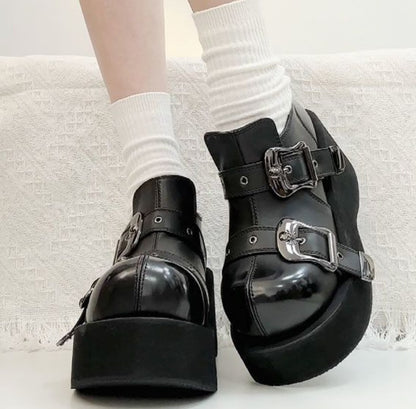 Square Toe Skull Buckled Platform Wedge Heel Loafers KP31