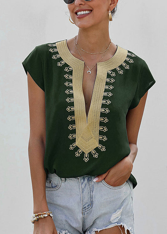 V Shirts Green Patchwork Neck Elegant Summer