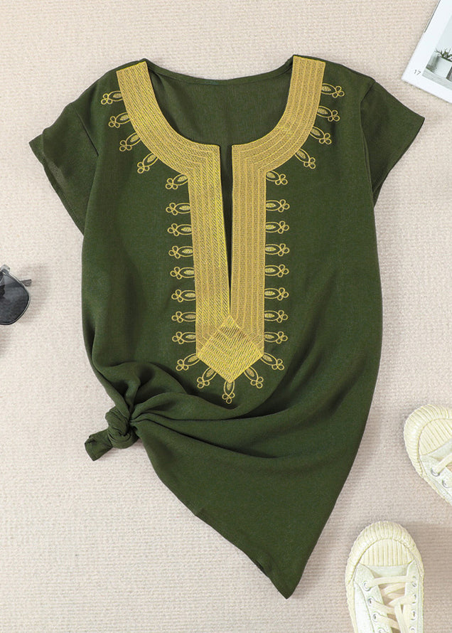 V Shirts Green Patchwork Neck Elegant Summer