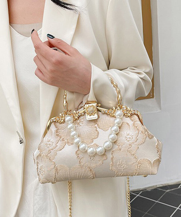 Satin Khaki Zircon Pearl Tote Elegant Handbag