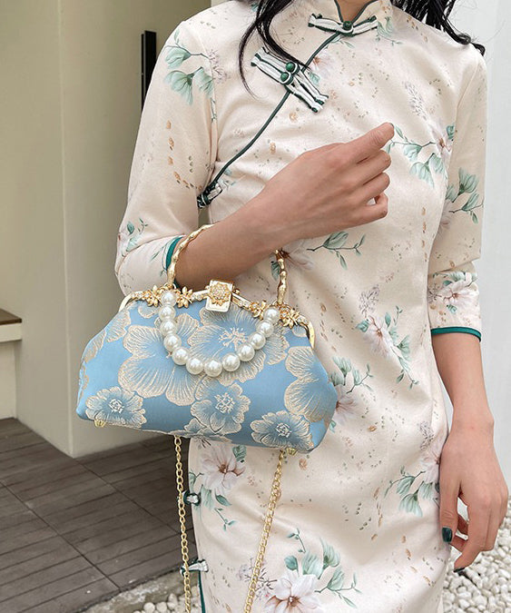 Satin Khaki Zircon Pearl Tote Elegant Handbag