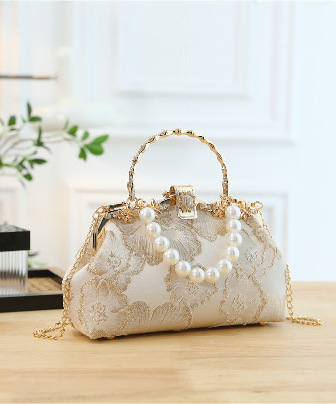 Satin Khaki Zircon Pearl Tote Elegant Handbag