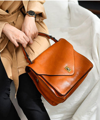 Elegant Tote Leather Orange Solid Durable Handbag