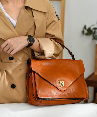 Elegant Tote Leather Orange Solid Durable Handbag