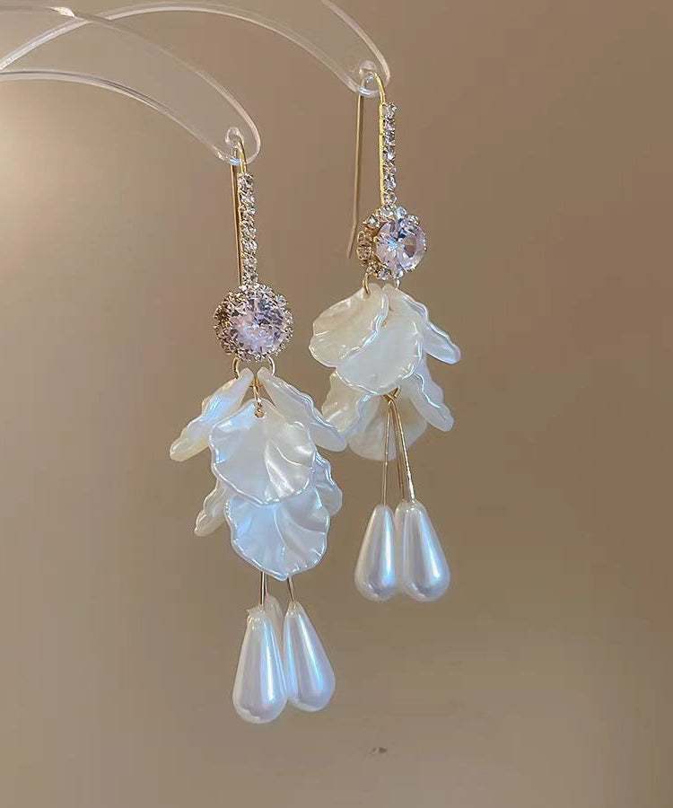 Pearl White Earrings Acrylic Elegant Zircon Copper Drop Tassel Shell