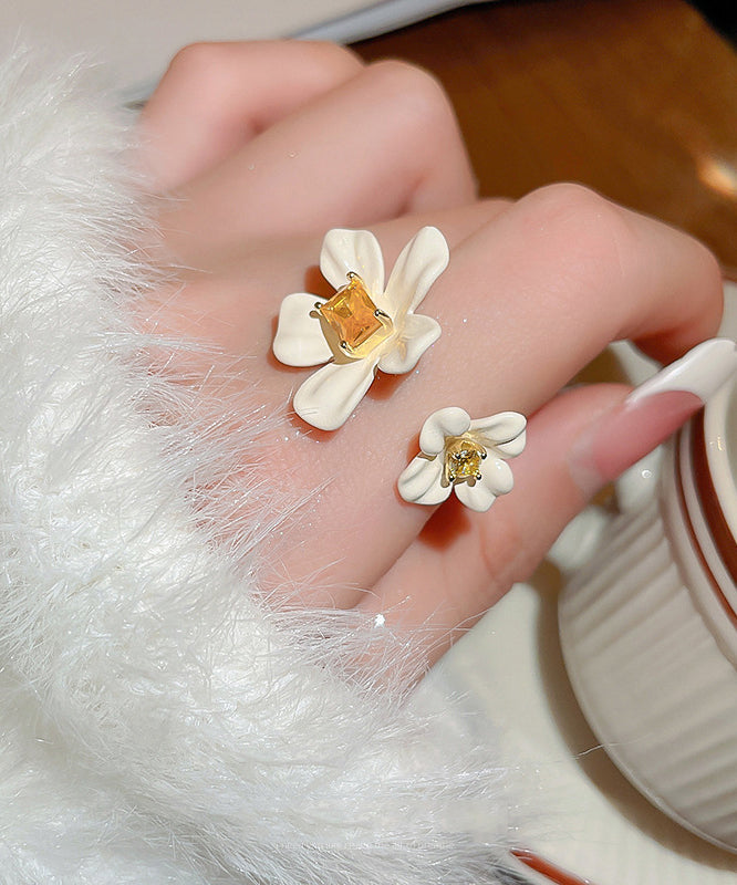 Floral Rings Elegant Acrylic Copper Overgild Zircon White Open
